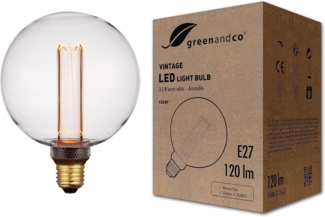 greenandco dimmbare Vintage Design LED Birne zur Stimmungsbeleuchtung | E27 G125 | klar | 3,5W 120lm | 1800K extra warmweiß | 320° | 230V | flimmerfrei | Edison Glühbirne