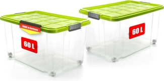 BigDean 2 Stück 60 L Aufbewahrungsbox mit Deckel groß limegrün - stapelbare robuste Box- rollbare Stapelbox mit festen Klickverschlüssen - Made in Germany