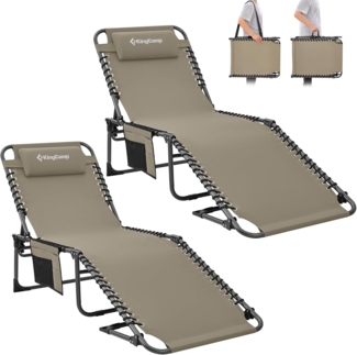 KingCamp Campingliege Sonnenliege Gartenliege Camping-Klappbett mit verstellbarem Rückenteil und Kopfkissen für Garten Urlaub Outdoor 2 Set Beige