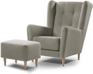 Traumnacht bequemer und moderner Ohrensessel Karl + Fusshocker, grau