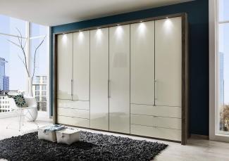 WIEMANN Loft Kleiderschrank, Schlafzimmerschrank, Gleittürenschrank, Drehtürenschrank, mit Schubladen, Glas magnolie, Trüffeleiche, Holz, B/H/T 300 x 216 x 58 cm