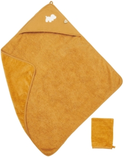 Nattou Kapuzenbadetuch mit Waschlappen, Hund Charlie, Ideal zum Abtrocknen, Ca. 75x75 cm, Vegan, Baumwolle/Polyester, Beige