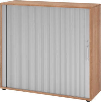Bümö Aktenschrank abschließbar mit Rollladen, Rollladenschrank für Ordner & Co. - Büroschrank mit Rollo, abschließbarer Ordnerschrank aus Holz in Nuss/Silber mit Relinggriff