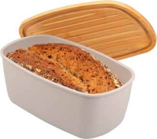 Brotkasten oval mit Bambus-Deckel, Brotbox mit Schneidebrett, Brottopf, hellgrau