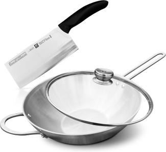 Zwilling TwinNova3 Wok pfanne Induktion 30 cm mit Glasdeckel + Chinesisches Kochmesser 18cm, 3 tlg, Wokpfanne Unbeschichtet, Spülmaschinenfest, rutschfester Griff, FÜR ALLE HERDARTEN, Silber