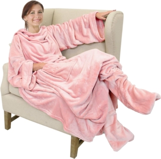 Catalonia Classy Tragbare Kuscheldecke mit Ärmeln und Fußtasche, warmes Geschenk für Sofa-Liebhaber, weiche Fleece-Decken für Familie, gemütliche Decken für Winter, 190x135 cm Rosa