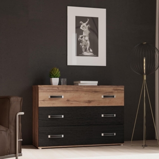 FORTE Dolce Sideboard 125 mit 3 großen Schubladen und Kontrastgriffen, Uni Wolfram Grau/Schwarzeiche Dekor, 120,4 cm breit x 82,4 cm hoch x 41,3 cm tief
