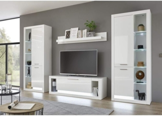Wohnwand 4-tlg in Hochglanz weiß MAILAND-61 mit Vitrine und Lowboard, B/H/T: 350-310/198/37-43cm