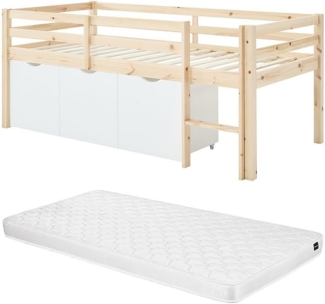 Vente-unique - Halbhohes Bett 90x190 cm – Mit Stauraum + Matratze – Kiefer & MDF – Natur/Weiß – LANIORI