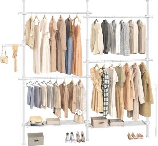 Songmics Teleskopstange Kleiderständer, 3-stufige Garderobe, höhen- und breitenverstellbar, offener Kleiderschrank mit 4 Kleiderstangen und 2 abnehmbaren Ablagen, Greifarm, mattweiß HSR154W01