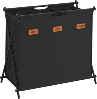 Songmics Wäschekorb, 135 Liter, 3 Fächer, klappbares X-Gestell, individuelle Etiketten, 600D Oxford-Gewebe, Stahl, Schwarz, 70 x 40 x 66 cm