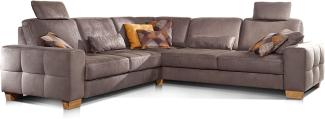Cavadore Ecksofa Puccino mit Federkern, Schlaffunktion, verstellbaren Sitztiefen und 2 Kopfstützen / Couch gleichschenklig in L-Form im Landhausstil / 276 x 86 x 271 cm / Mikrofaser hellbraun