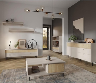Lomadox Wohnzimmer-Set MENA-133, (Mega-Spar-Set, 6-St, Couchtisch Lowboard Wandboards Highboard Sideboard), beige Eiche Dekor modern Metallfüße Knopfgriffe Wohnzimmermöbel