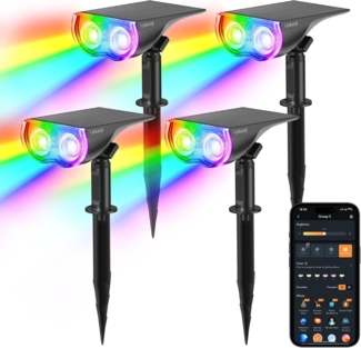 Linkind Smart RGBTW Solar Strahler für Garten, Intelligent 16Mio. Farbe Gartenleuchte mit Gruppensteuerung, Musiksync, Rotlichtalarm, IP65 Aussenstrahler Solar Baumstrahler, SL5C-4 Stück