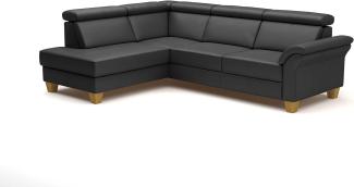 CAVADORE Leder-Schlafcouch Ammerland mit Ottomane / Landhaus-Sofa mit Federkern, Bett, Bettkasten + Kopfteilverstellung / 245 x 84 x 194 / Leder Schwarz