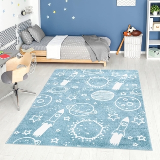 Carpet City Kinderteppich ANIME912, rechteckig, Höhe: 11 mm, Kinderzimmer Teppich Modern mit Mond, Blumen, Wolken, Creme, Multi