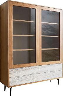 Vitrine Kleo 115x150 cm Akazie Natur 2 Türen 4 Schübe Winkelfuß Metall Schwarz