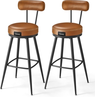 VASAGLE EKHO Kollektion - 360° drehbarer Barhocker, 2er Set, Hocker mit Rückenlehne für Bartisch, Kunstleder mit Nähten, Mid-Century-Modern-Stil, 76 cm hoch, Küche, Hausbar, karamellbraun LBC889K01