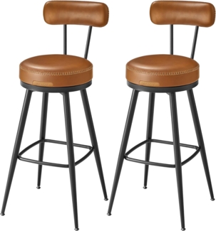 VASAGLE EKHO Kollektion - 360° drehbarer Barhocker, 2er Set, Hocker mit Rückenlehne für Bartisch, Kunstleder mit Nähten, Mid-Century-Modern-Stil, 76 cm hoch, Küche, Hausbar, karamellbraun LBC889K01