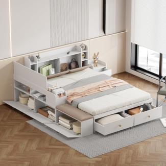Ball & Cast Doppelbett (140 * 200cm) Stauraumbett mit Vielen Staufächern und Sofabank, Tagesbett mit Schubladen, mit Nachttisch Massivholz-Kombibett, Weiß