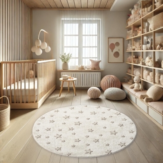 Teppich Kinderzimmer Rund - 120x120cm - Pastell Beige Creme - Kurzflor Spielteppich mit Sternen Motiv