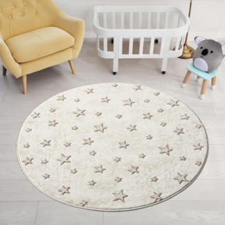 Teppich Kinderzimmer Rund - 120x120cm - Pastell Beige Creme - Kurzflor Spielteppich mit Sternen Motiv