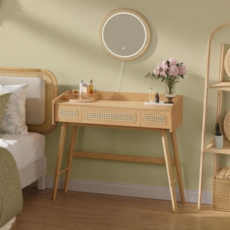SONGMICS HOME BOHOVEN Kollektion – Schminktisch mit Spiegel, Beleuchtung, Kosmetiktisch 3 Schubladen in Rattan-Optik, Touch-Steuerung, 3 Lichtfarben, dimmbar, Boho-Stil, Schlafzimmer, eichenbeige