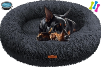 LOVPET® Hundebett Hundekissen Katzenbett Bagel, Waschbar, Inkl. Napf + 3x Kauknochen, Hundesofa flauschig Kissen Rund aus Plüsch für Kleine, Mittelgroße & Große Hunde, Katzen Anthrazit, 4XL (120 x 120 cm)