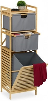 Badregal mit Wäschekorb Bambus, Natur, Grau, 2x Stoffschubladen
