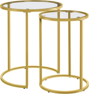 Yaheetech Satztische rund, 2er Set Beistelltisch, Couchtisch Glas, für Wohnzimmer, modernes Design, Metallgestell senf Gold, 49,5 x 49,5 x 59 cm