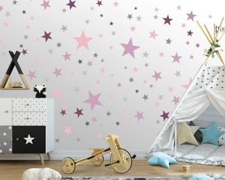 100 Sterne Wandtattoo fürs Kinderzimmer - Wandsticker Set - Pastell Farben, Baby Sternenhimmel zum Kleben Wandaufkleber Sticker Wanddeko - Wandfolie, Kleinkinder, Erstausstattung, Grau - Pink - Lila