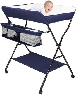 Baby Wickelkombi - klappbare Wickelkommode, mobiler Wickeltisch mit Wickelauflage, Sicherheitsgurt und Ablagefächern, platzsparend & stabil-86 * 62 * 96 cm-Marineblau