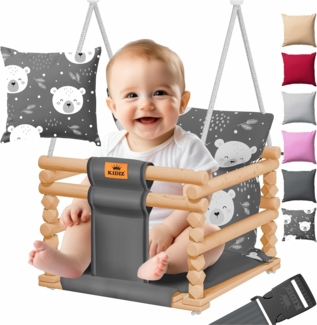 KIDIZ® Babyschaukel Kinderschaukel Schaukelsitz mit Polsterung | Holz-Schaukel mit Anti-Kipp bis 60KG | Höhenverstellbar Indoor & Outdoor | 0,5 - 3 Jahre | Montagezubehör & Sicherheitsgurt Anthrazit mit Muster