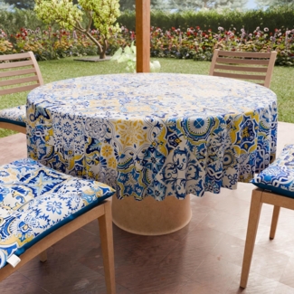 PETTI Artigiani Italiani - Schmutzabweisende runde Tischdecke aus Mikrofaser (Durchmesser 200 cm), Küchentischabdeckung für runden Tisch, Design Vietri 02, Blau, 100% Made in Italy