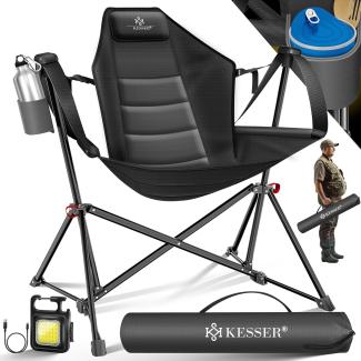 KESSER® Campingstuhl faltbar Schaukelstuhl bis 160 kg | Angelstuhl Faltstuhl Klappstuhl Gepolstert | Campinglicht und Getränkehalter + Tasche mit hoher Rückenlehne | Strandstuhl mit Wippfunktion Anthrazit / Schwarz