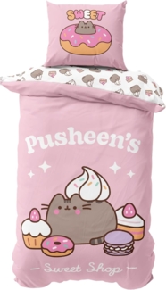 MTOnlinehandel Bettwäsche Pusheen Katze in 135x200 + 80x80 cm, Kawaii, Mikrofaser, 2 teilig, Wendebettwäsche für Kinder und Teenager, süß & niedlich