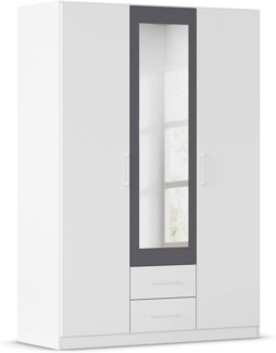 Rauch Möbel Belfast Kleiderschrank, Schrank, Garderobe, Organizer, 3-türig, mit Spiegel, 2 Schubladen für mehr Stauraum, Farbe Weiß, Stangengriff Weiß, 136 x 197 x 54 cm