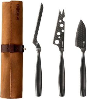 Boska Käsemesser-Set Monaco+ Schwarz, 3-tlg. mit Lederhülle, Käsemesser, Edelstahl, Schwarz, 28 cm, 307089