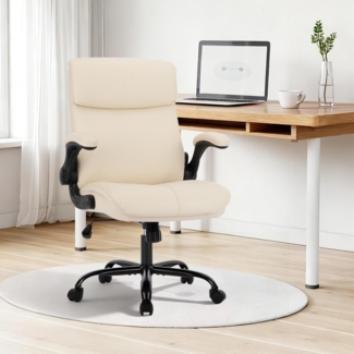 COLAMY Bürostuhl Ergonomisch, Schreibtischstuhl mit Verstellbaren Armlehnen, Chefsessel mit Hoher Rückenlehne, Höhenverstellbar und Neigbar Drehstuhl mit Dicker Lederpolsterung, Elfenbein