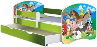 ACMA Kinderbett Jugendbett mit Einer Schublade und Matratze Grün mit Rausfallschutz Lattenrost II 140x70 160x80 180x80 (34 Farm, 180x80 + Bettkasten)