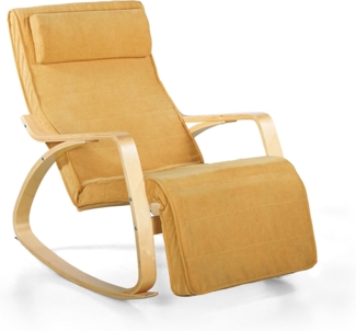 Brigros WeHome Swing Amor Schaukelstuhl mit Armlehnen aus Holz, Rocking Chair, Schaukelsessel mit Verstellbarer Fußstütze, Wohnzimmerstuhl, Schlafzimmersessel (Stoff, Ocker)