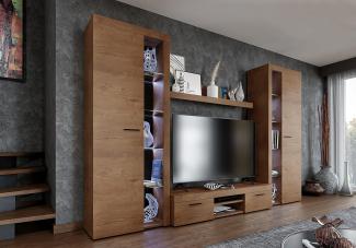 FURNIX Wohnwand Riva XL Mediawand Holz Wohnzimmer 4-TLG Komplett-Set mit LED - TV Lowboard, Highboard Vitrine, Wandregal - Modern Freistehend - B 300 x H 190 x T 40,2 cm, Farbe Lefkas Eiche