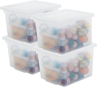 Iris Ohyama, Aufbewahrungsbox aus Kunststoff, 10-Liter-Büro-Aufbewahrungsbox, 4er-Set, DDUSB-S, transparent, stapelbar, Verschlussclips ? B29 x T24 x H18,5 cm
