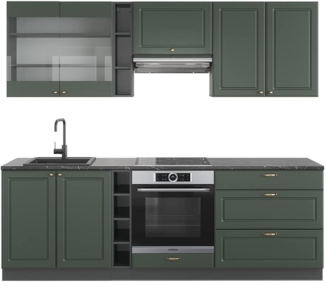 Vicco Küchenzeile Fame-Line, Grün-Gold Landhaus/Anthrazit, 235cm ohne Arbeitsplatte