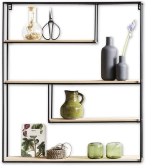 LIFA LIVING Wandregal aus Holz & schwarzem Metall mit 4 Böden, Vintage Schweberegal im Naturstil mit 4 Etagen, Hängeregal, Gewürzregal 70 x 60 x 11 cm