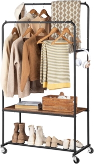 HOOBRO Kleiderständer auf Rollen, Schwerlast Kleiderstange, Garderobenständer mit 2 Kleiderstangen und Ablage, bis 100 kg Belastbarkeit, für Schlafzimmer, Flur, Dunkelbraun-Schwarz EBF22LY01