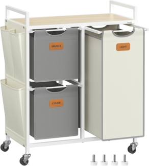 VASAGLE Wäschekorb 3 Fächer, Wäschesammler 100 L, Wäschesortierer, Rollen, Wäschewagen mit Ablage, Wäschesack, kleine seitliche Taschen, 6 Etiketten, naturbeige-taubengrau-cremeweiß