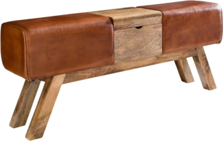 FineBuy Design Turnbock Sitzbank Braun Aufbewahrungsfach 120 x 29 x 53 cm | Turnhocker Bank aus Echtleder Klappfach | Hocker Garderobenbank Sitzhocker Springbock Turnbank