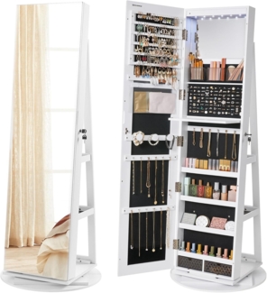 Songmics Schmuckschrank mit rahmenlosem Ganzkörperspiegel, 360° drehbar, abschließbar, Oberfläche weiß | Innenfutter schwarz, 162 x 54,5 x 54,5 cm
