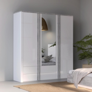 FORTE BUGANVILLA Kleiderschrank 200, moderner 2-türiger Drehtürenschrank mit Spiegel, Holzwerkstoff, Weiß mit Betonoptik, 201 cm breit, 215,6 cm hoch, 58,4 cm tief